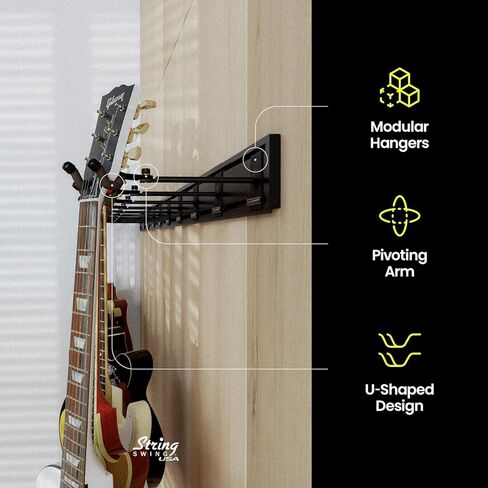 String Swing Guitar Wall Rack, Multiple Guitar Wall Mount, Guitar Organizer for Acoustic & Electric Guitars, 5 Padded Arm Hangers & White Slatwall Rail, Wall Mount Guitar Rack - MADE IN USA in Kuwait