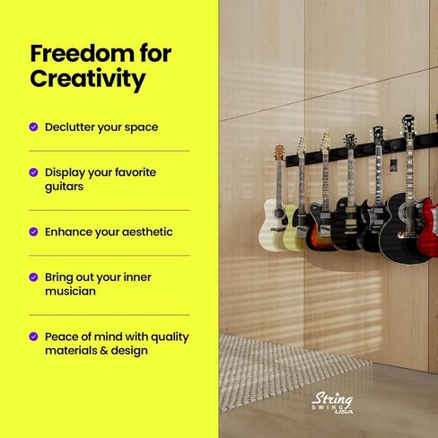 String Swing Guitar Wall Rack, Multiple Guitar Wall Mount, Guitar Organizer for Acoustic & Electric Guitars, 5 Padded Arm Hangers & White Slatwall Rail, Wall Mount Guitar Rack - MADE IN USA in Kuwait
