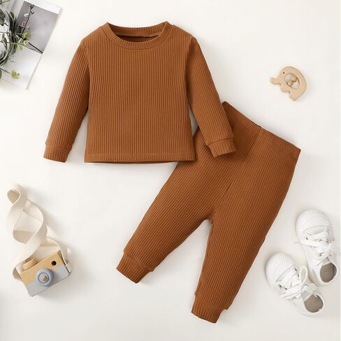 DEFAHN Baby Boy Girl Clothes Infant Fall Sweatsuit Solid Long Sleeve Top Pants 2PCS Winter Toddler Baby Outfit Set 0-24 Month in Saudi Arabia