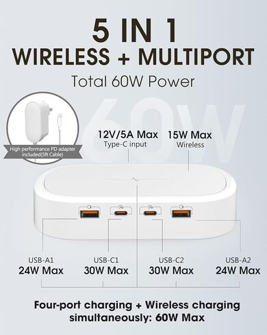 محطة شحن لاسلكية 5 في 1 شاحن USB C متعدد 4 منافذ شاحن USB سريع لهاتف iPhone 15 Pro Max/14/13/12/11 Plus iPad Pro Samsung Tablet Galaxy S23 Pixel 7 ملحقات سطح المكتب للأجهزة المتعددة in Saudi Arabia