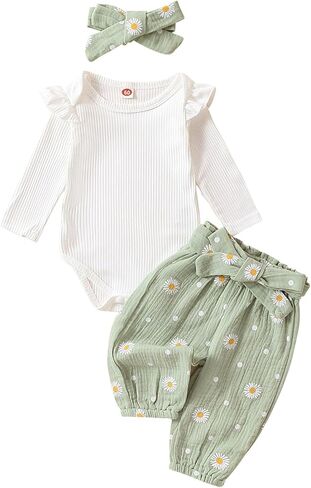 Karwuiio ​Newborn Baby Girl Clothes Ruffled Long Sleeve Romper Print Pants Headband Set 3pcs Fall Winter Outfits in Kuwait