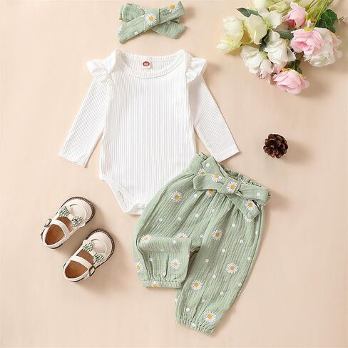 Karwuiio ​Newborn Baby Girl Clothes Ruffled Long Sleeve Romper Print Pants Headband Set 3pcs Fall Winter Outfits in Kuwait