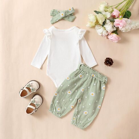 Karwuiio ​Newborn Baby Girl Clothes Ruffled Long Sleeve Romper Print Pants Headband Set 3pcs Fall Winter Outfits in Kuwait
