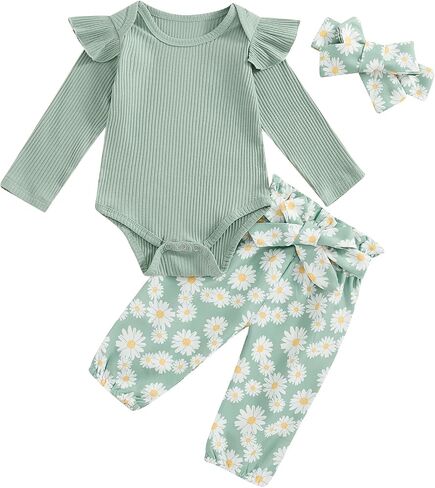 Karwuiio ​Newborn Baby Girl Clothes Ruffled Long Sleeve Romper Print Pants Headband Set 3pcs Fall Winter Outfits in Kuwait