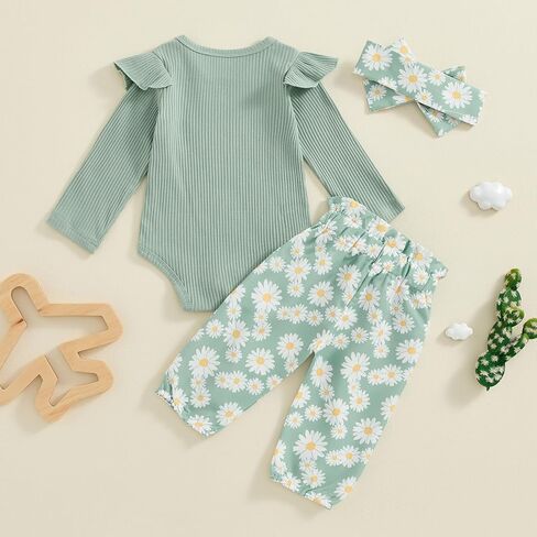 Karwuiio ​Newborn Baby Girl Clothes Ruffled Long Sleeve Romper Print Pants Headband Set 3pcs Fall Winter Outfits in Kuwait