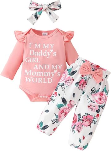 Karwuiio ​Newborn Baby Girl Clothes Ruffled Long Sleeve Romper Print Pants Headband Set 3pcs Fall Winter Outfits in Kuwait