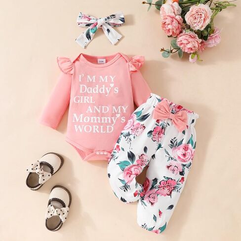 Karwuiio ​Newborn Baby Girl Clothes Ruffled Long Sleeve Romper Print Pants Headband Set 3pcs Fall Winter Outfits in Kuwait
