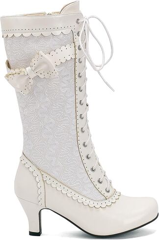 LUXMAX Women Gothic Victorian Boots Low Kitten Heel Mid Calf Boots Lace Up Cute Bow Boots for Ladies Witch Shoes in Saudi Arabia