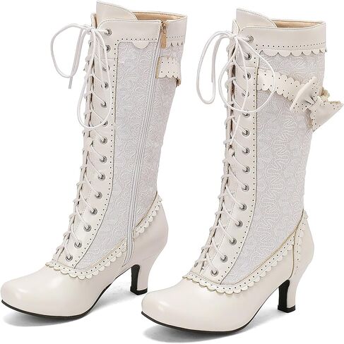 LUXMAX Women Gothic Victorian Boots Low Kitten Heel Mid Calf Boots Lace Up Cute Bow Boots for Ladies Witch Shoes in Saudi Arabia