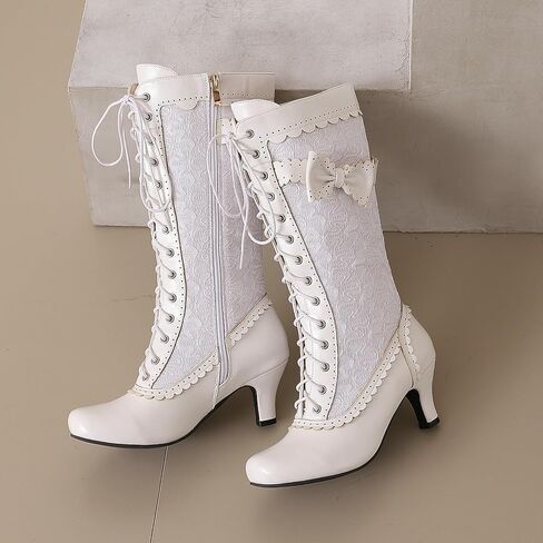 LUXMAX Women Gothic Victorian Boots Low Kitten Heel Mid Calf Boots Lace Up Cute Bow Boots for Ladies Witch Shoes in Saudi Arabia