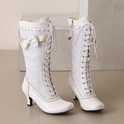 LUXMAX Women Gothic Victorian Boots Low Kitten Heel Mid Calf Boots Lace Up Cute Bow Boots for Ladies Witch Shoes in Saudi Arabia