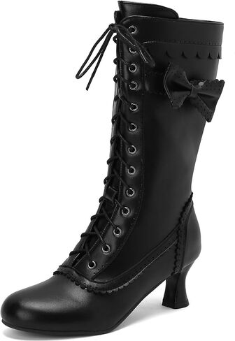LUXMAX Women Gothic Victorian Boots Low Kitten Heel Mid Calf Boots Lace Up Cute Bow Boots for Ladies Witch Shoes in Saudi Arabia