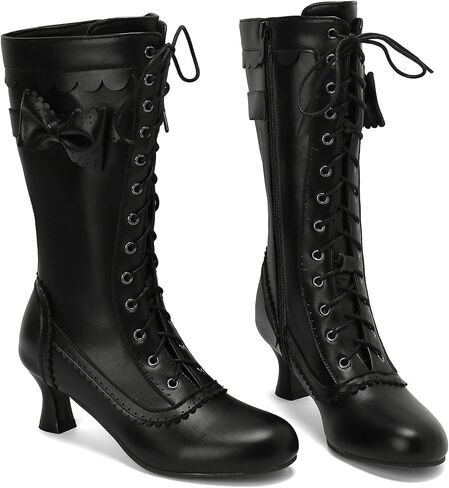 LUXMAX Women Gothic Victorian Boots Low Kitten Heel Mid Calf Boots Lace Up Cute Bow Boots for Ladies Witch Shoes in Saudi Arabia