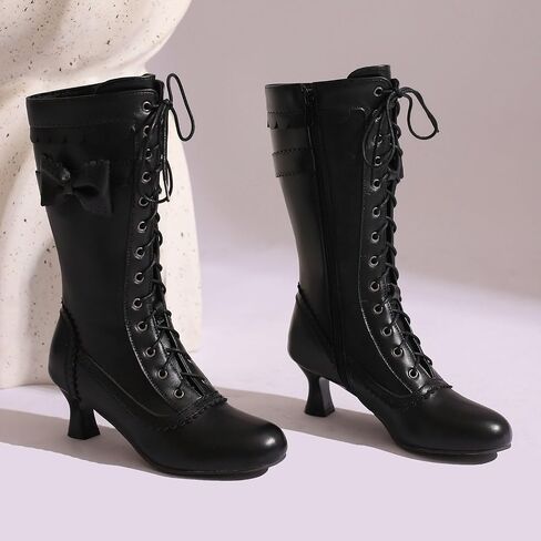 LUXMAX Women Gothic Victorian Boots Low Kitten Heel Mid Calf Boots Lace Up Cute Bow Boots for Ladies Witch Shoes in Saudi Arabia
