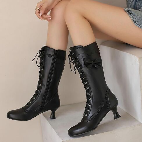 LUXMAX Women Gothic Victorian Boots Low Kitten Heel Mid Calf Boots Lace Up Cute Bow Boots for Ladies Witch Shoes in Saudi Arabia