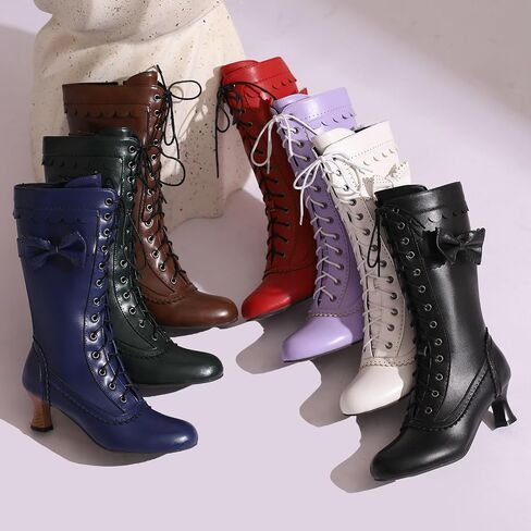 LUXMAX Women Gothic Victorian Boots Low Kitten Heel Mid Calf Boots Lace Up Cute Bow Boots for Ladies Witch Shoes in Saudi Arabia