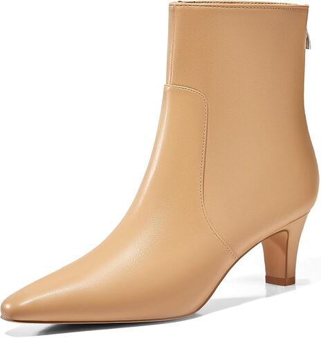 Coutgo Womens Low Kitten Heel Short Boots Fall Square Pointed Toe Ankle Boots Leather Dress Booties With Zipper in Kuwait