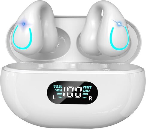 Open Ear Bone Conduction Earbuds Wireless Clip On Headphones with Digital Display Charging Case with Ear Hook Built-in Mic IPX7 Waterproof Bluetooth 5.3 Sport Earphones for Running Fitness White in Saudi Arabia