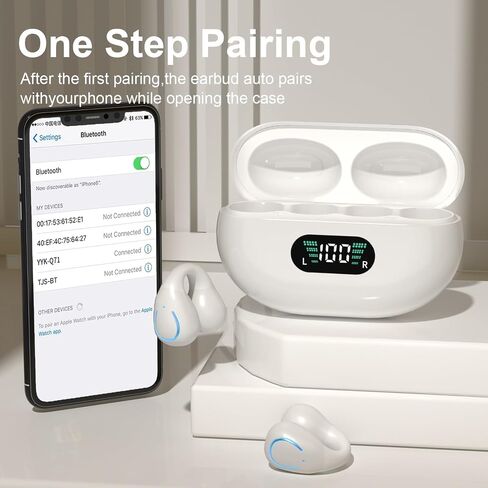Open Ear Bone Conduction Earbuds Wireless Clip On Headphones with Digital Display Charging Case with Ear Hook Built-in Mic IPX7 Waterproof Bluetooth 5.3 Sport Earphones for Running Fitness White in Saudi Arabia