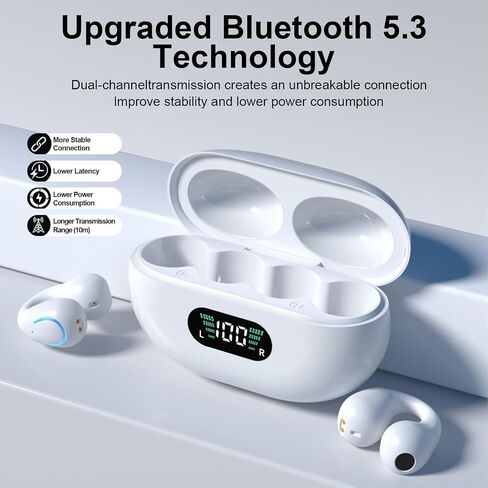 Open Ear Bone Conduction Earbuds Wireless Clip On Headphones with Digital Display Charging Case with Ear Hook Built-in Mic IPX7 Waterproof Bluetooth 5.3 Sport Earphones for Running Fitness White in Saudi Arabia