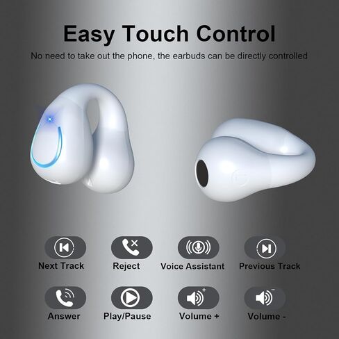 Open Ear Bone Conduction Earbuds Wireless Clip On Headphones with Digital Display Charging Case with Ear Hook Built-in Mic IPX7 Waterproof Bluetooth 5.3 Sport Earphones for Running Fitness White in Saudi Arabia