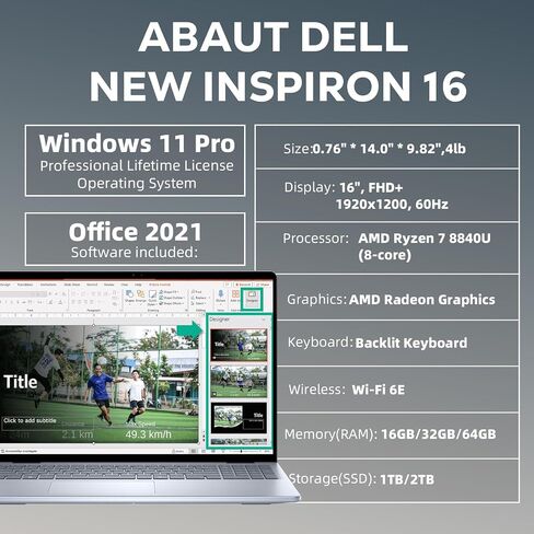 كمبيوتر محمول Dell Inspiron 16 Business، شاشة 16 بوصة FHD +، AMD Ryzen 7-8840U، 64 جيجابايت DDR5، 2 تيرابايت SSD، AMD Radeon GPU، كاميرا ويب FHD، WiFi 6E، لوحة مفاتيح بإضاءة خلفية، Win 11 Pro، مع ترخيص Microsoft Office مدى الحياة in Kuwait