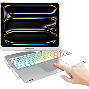 حافظة لوحة مفاتيح تعمل باللمس لجهاز iPad Pro 13 بوصة 2024، لوحة مفاتيح مغناطيسية لجهاز iPad Pro 13 M4، قابلة للدوران 360 درجة، لوحة مفاتيح بإضاءة خلفية 7 ألوان لجهاز iPad 13 بوصة، حافظة تابلت Pro M4 مع حامل أقلام، فضي
