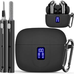 【with LED Display Window】 Case for TAGRY X08 Wireless Headphone, Earbuds Case Cover Compatible with TAGRY X08 Wireless Headphone, Silicone Protective Case with Keychain, with Cleaning Pen - Black