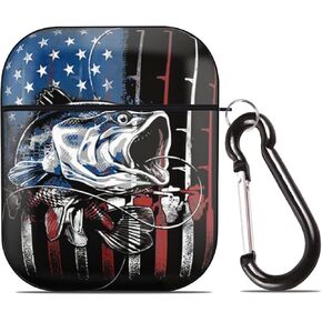 Fishing American Flag USA Bass Fish for AirPods Case Cover for Airpods 1&2, Wireless/Wired Charging Protective AirPods Case with Keychain, Buckie