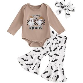 Newborn Baby Girl Halloween Outfits Letter Print Romper Shirts Bodysuit Ghost Pumpkin Bell Bottom Pants Headband