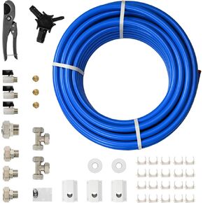 Compressed air clamp assembly 3/4 "thread clamp. 100 ft aluminum-plastic pipe, including straight, tee, aluminum outlet block, drain valve, etc. Leakproof and easy to install garage air line kit