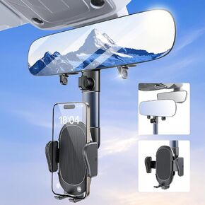 2 in 1 Rear View Mirror Phone Holder for Your Car with Extra 11.7'' Rear Mirror, Cell Phone Car Mount, Multifunctional 360 Rearview Mirror Phone Holder for Car Fit All Rearview Mirror & Phones