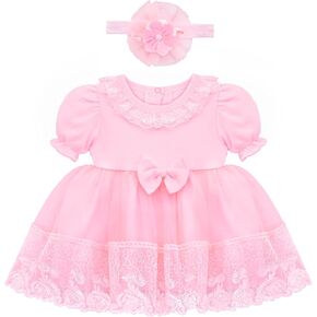 Lilax Baby Girls' Lace Floral Embroidered Dress, Christening Baptism Dress