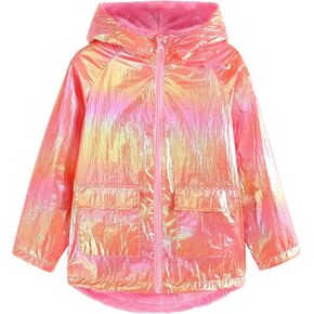 Girls Hooded Shiny Jacket Glitter Sparkly Sherpa Lined Outerwear