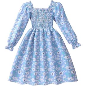 CM-Kid Toddler Girl Ruffle Floral Dress Square Neck Puff Long Sleeve Smocked Princess Party Fall Winter Dress