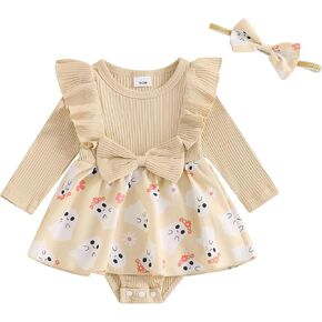 Newborn Baby Girl Halloween Outfit Ruffle Long Sleeve Romper Dress Bodysuit Jumpsuit Headband Fall Winter Clothes