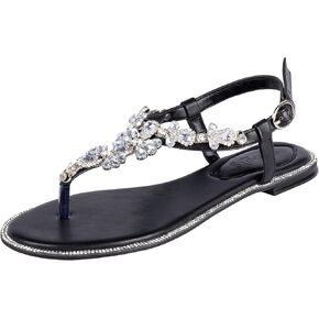 SheSole Women's Sparkly Rhinestone T-Strap Silver Flat Sandals Dressy Thong Beach Wedding Shoes