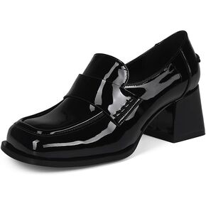 Black Loafers for Women Trendy Square Toe Casual Shoes Slip-on Block Heel Pumps for Women Comfortable Dress Shoes Office Shoes for Women.