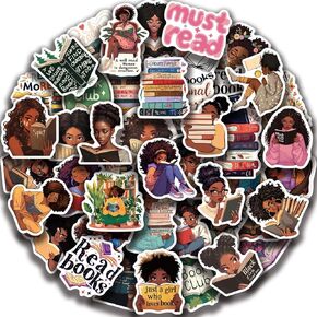 50 Pcs Black Girls Bookish Stickers for Kindle,Bookworm Reading Stickers, Black Woman Book Stickers, Book Lover Gifts Black Women Vision Board Laptop Decals