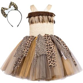 IDOPIP Girl Jungle Safari Outfit Wild Halloween Birthday Party Dress up Toddler Cavegirl Outfit with Headband for Photo Shoot in Saudi Arabia