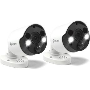 Swann Indoor/Outdoor Home Security 4K Ultra HD NVR Wired Bullet Camera and Spotlight, Color Night Vision, Heat & Motion Sensing Light, 2-Way Audio, Siren, Compatible w/NVR w/PoE, SWNHD-887MSFB 2 Pack