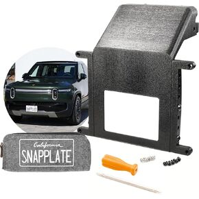 حامل لوحة الترخيص الأمامية SnapPlate® بدون مثقاب لجهاز Rivian R1T & R1S - مجموعة حامل لوحة الترخيص المصنوعة في الولايات المتحدة الأمريكية - بدون براغي، قابل للقفل، قابل لضبط الارتفاع، قابل للإزالة، إطار ترخيص (Rivian R1T/S 2022-2024)