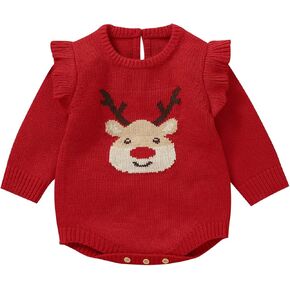 Infant Baby Girl Christmas Outfit Ruffle Long Sleeve Sweater Romper Newborn Baby Girl Reindeer Onesie Clothes