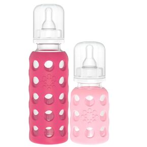 Lifefactory Glass Baby Bottles with Silicone Protection - 2-Pack, 4oz/9oz Bottles, Raspberry & Pink