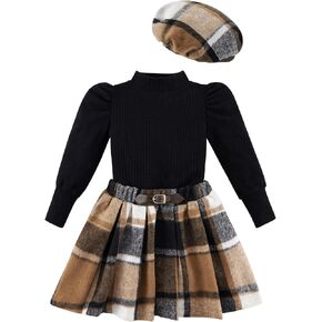 Patgoal Toddler Baby Girl Outfits Fall Winter Skirt Set Solid Long Sleeve Knitted Shirt Plaid Skirt Set Clothes with Hat
