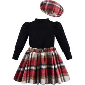 Patgoal Toddler Baby Girl Outfits Fall Winter Skirt Set Solid Long Sleeve Knitted Shirt Plaid Skirt Set Clothes with Hat in Kuwait