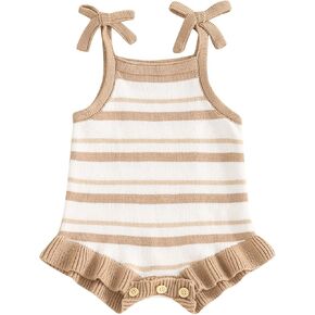 Chloefairy Newborn Baby Girl Summer Romper Waffle Knit Sleeveless Striped Bodysuit Ruffle Playsuit Infant Summer Outfit