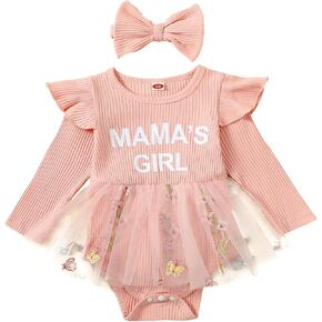 Baby Girl Fall Clothes Cute Long Sleeve Mesh Tutu Romper Dress Infant Newborn Dress (MAMA'S GIRL-Pink, 0-3 Months)