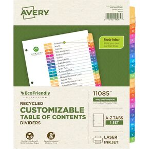 Avery EcoFriendly Recycled Dividers for 3 Ring Binders, A-Z Dividers, Multicolor Tabs, Ready Index Customizable Table of Contents, 1 Set for 26 Binder Dividers Total (11085)