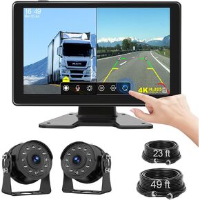 HD 1080P Wired Dual Backup Camera System, 9'' IPS Full Touch Screen Monitor with Split Screen, Loop Recording, IP68 Waterproof IR Night Vision Reverse Rear View Camera for RV, Truck, Trailer
